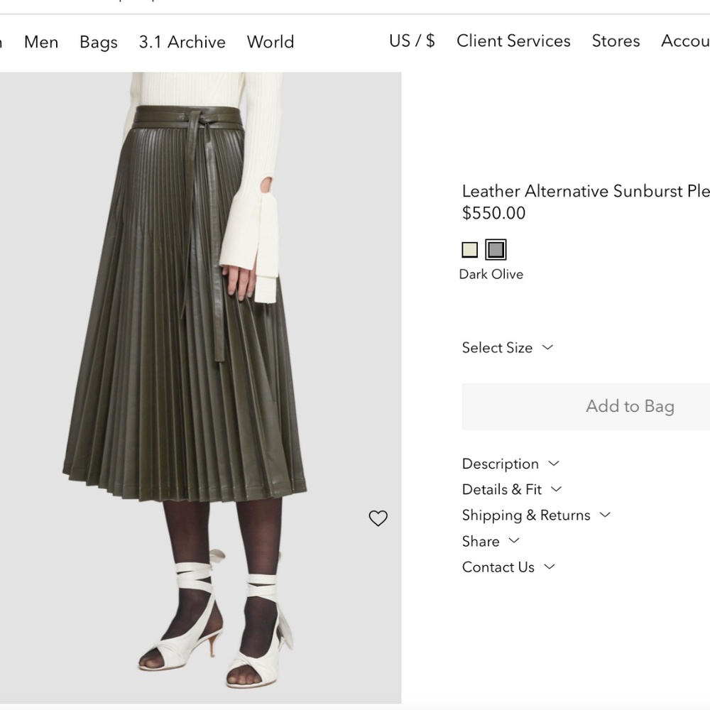 Phillip Lim 3.1 Leather Alternative Sunburst Pleated Skirt Dark Olive Green Sz 6